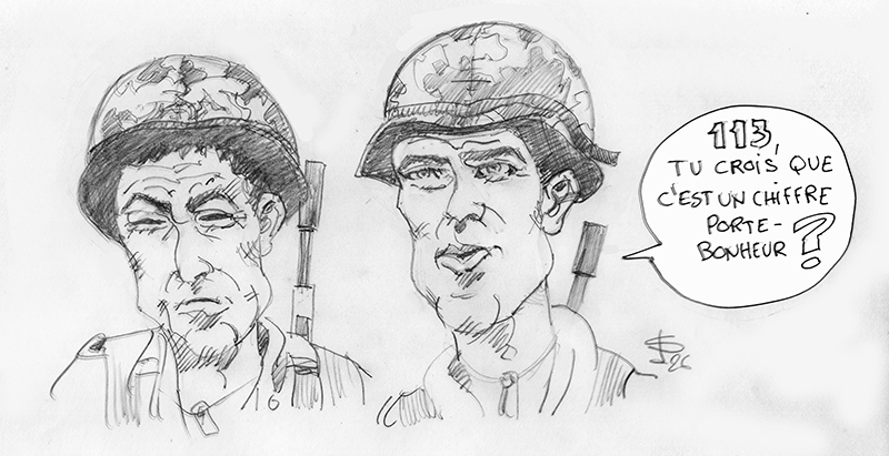 Dessin humoristique de deux soldats casqués discutant, avec une bulle évoquant le nombre 113