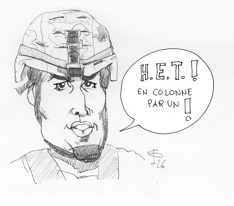 Dessin humoristique au crayon d'un soldat casqué lançant HET, en colonne par un