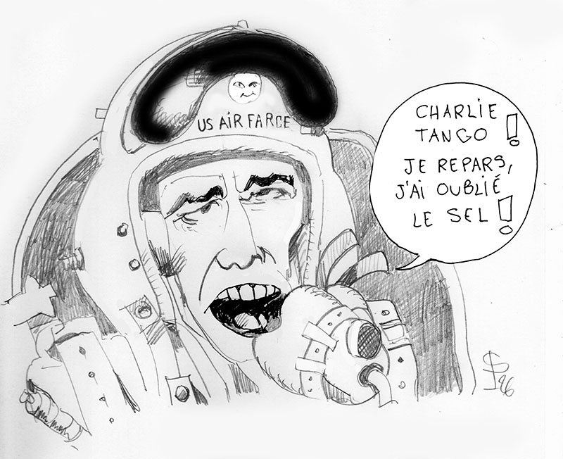 Dessin humoristique d'un pilote de chasse américain casqué parlant dans sa radio