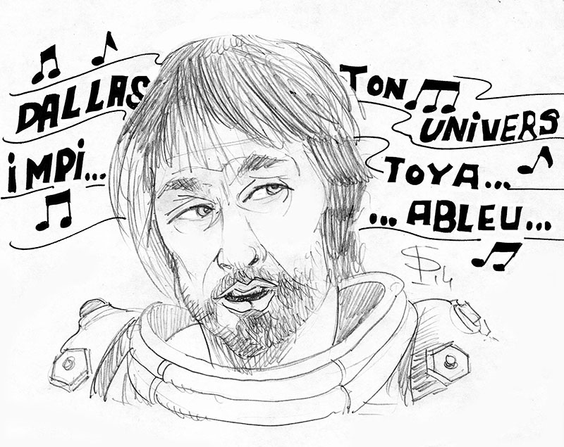 Dessin au crayon d'un homme barbu chantant entouré de notes de musique et paroles
