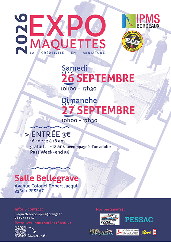 Affiche Expo Maquettes 2026 IPMS Bordeaux, salle Bellegrave à Pessac, 26-27 septembre
