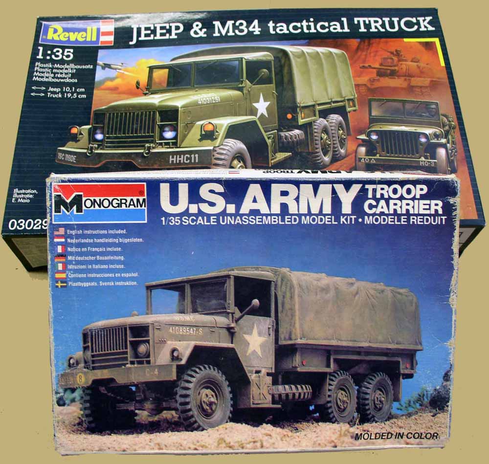 Boîtes des maquettes Revell Jeep et M34 et Monogram camion militaire US Army au 1/35