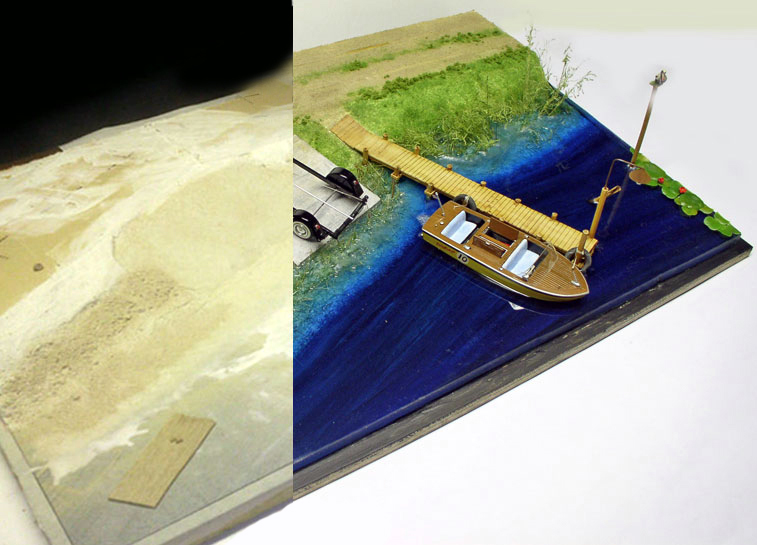 Diorama avec barque en bois amarrée à un ponton sur eau en résine bleue
