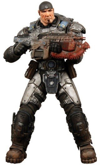 Figurine de Marcus Fenix en armure grise tenant son fusil Lancer à tronçonneuse