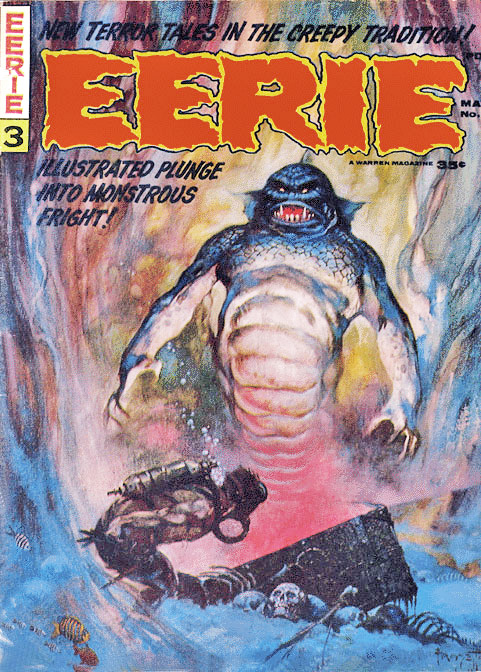 Couverture du magazine Eerie montrant un démon marin écailleux menaçant un plongeur sous l'eau