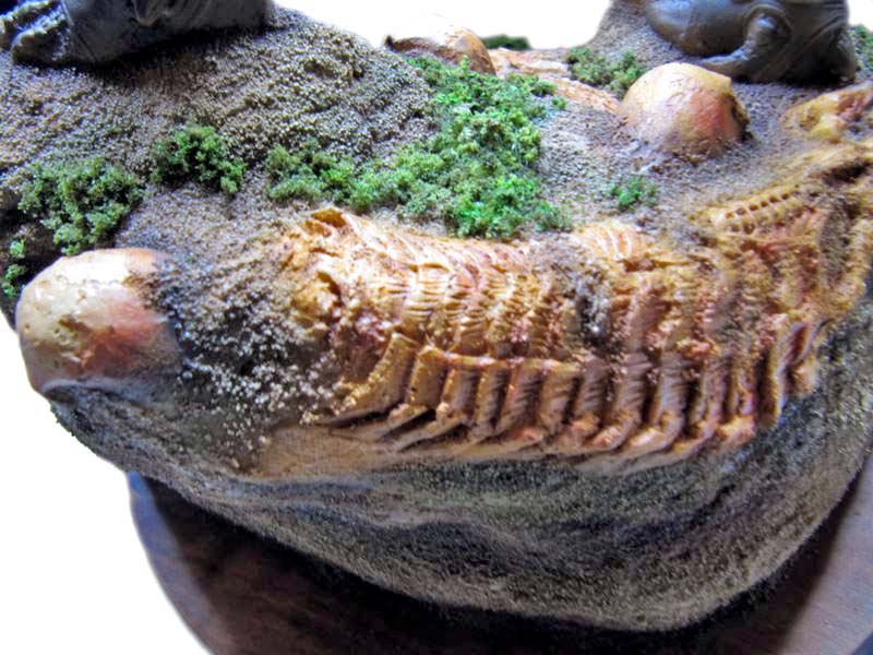 Squelette fossilisé sur socle de diorama sablonneux avec mousse végétale verte et crânes