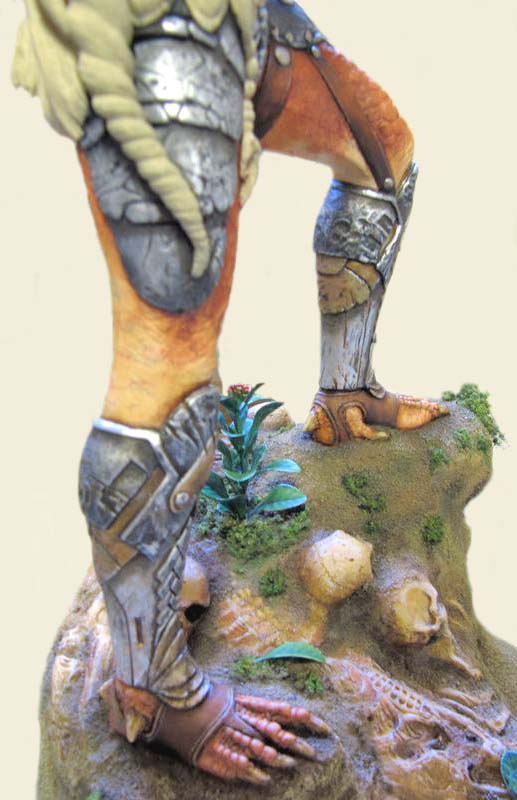 Jambes et armures du Predator sur socle rocheux avec crânes et végétation