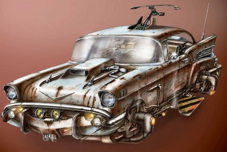 Chevrolet des années 1950 transformée en véhicule volant rouillé de science-fiction sur fond brun