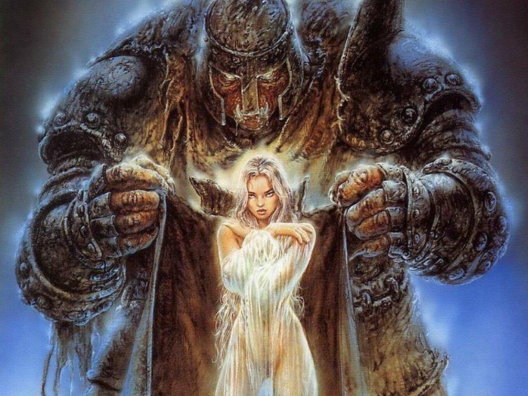 Illustration fantastique de Luis Royo, jeune femme lumineuse protégée par un colosse guerrier