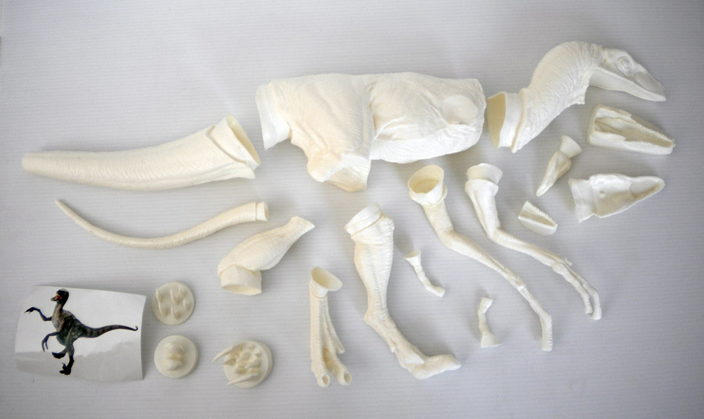 Velociraptor en maquette finie, peinture détaillée sur socle, vue de profil