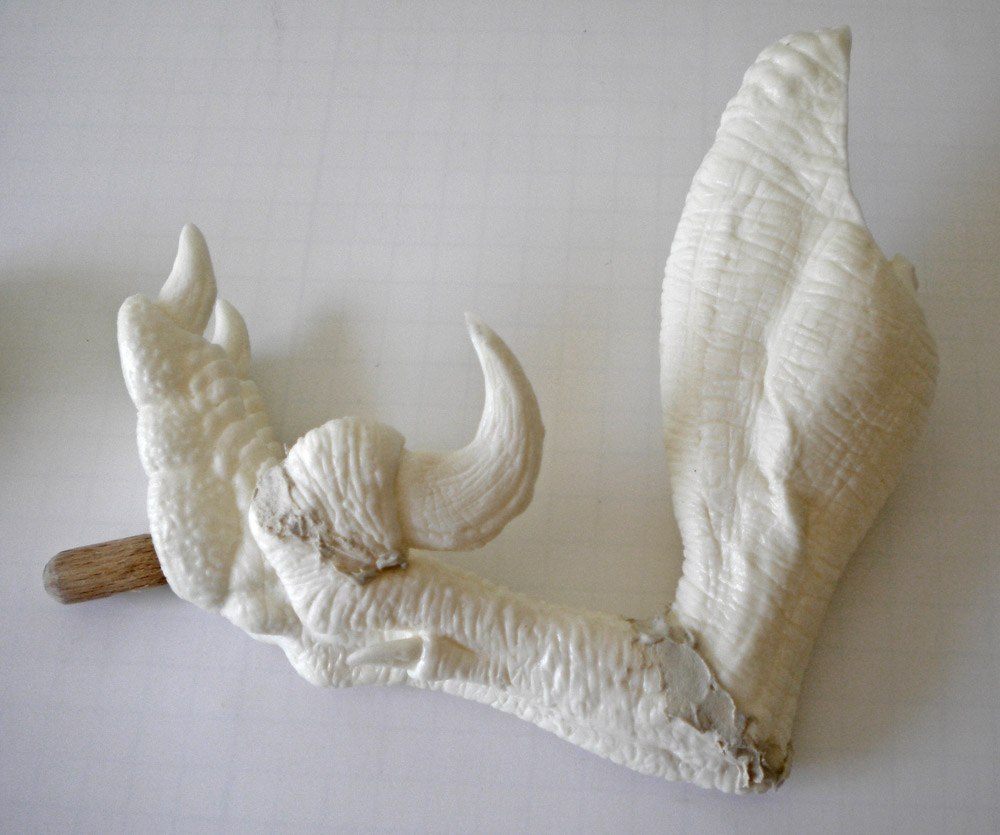 Maquette non peinte d'une patte griffue de Velociraptor montée sur tige bois