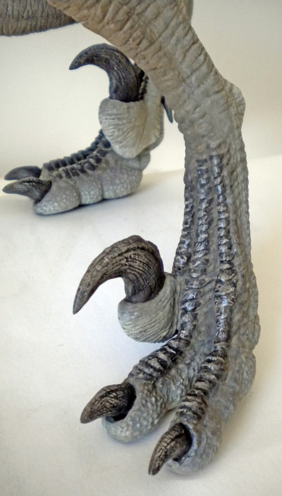Pattes griffues d'une maquette de Velociraptor montrant les serres recourbées et la peau écailleuse