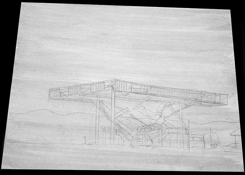 Croquis au crayon d'une station-service abandonnée dans le désert avec véhicules sous l'auvent