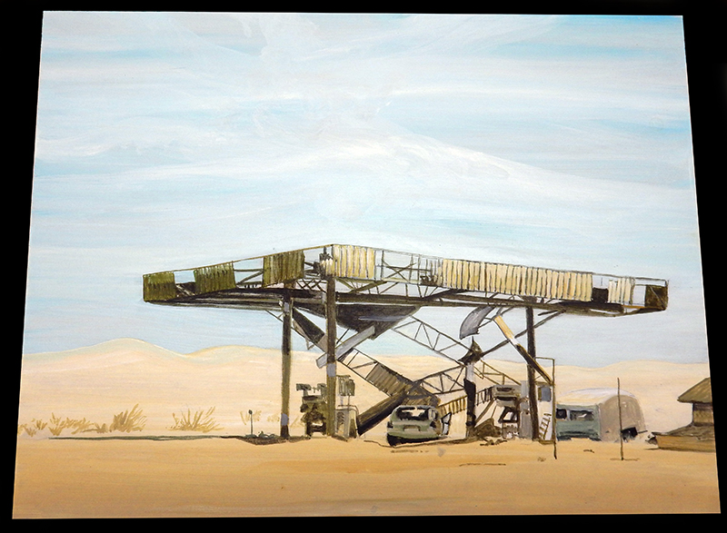 Décor peint d'une station-service abandonnée dans le désert avec véhicules militaires délabrés sous un ciel clair
