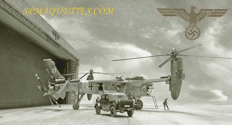 Photomontage sépia : diorama de l'hélicoptère géant Dorthmund III devant un hangar, camion et figurine