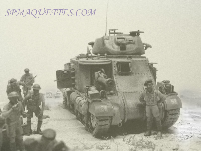 Photomontage sépia d'un char Grant et de soldats britanniques dans le désert de Gazala