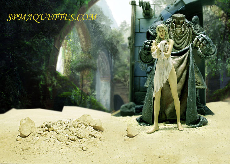 Figurine d'une femme blonde en robe blanche déchirée près d'un colosse de pierre dans des ruines