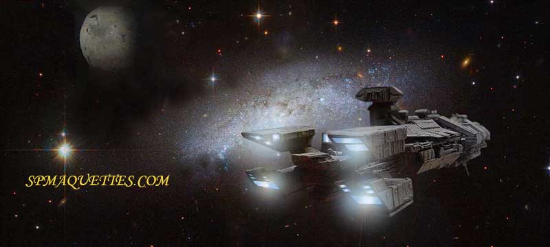 Photomontage du Rodger Young propulseurs allumés devant une galaxie et une lune