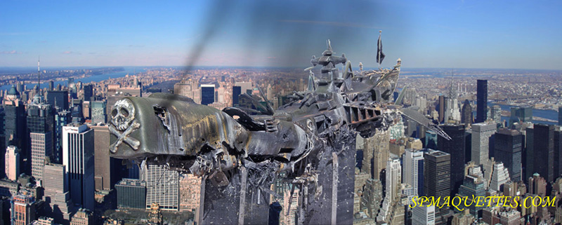 Photomontage du cuirassé Arcadia d'Albator écrasé en fumée sur une métropole américaine