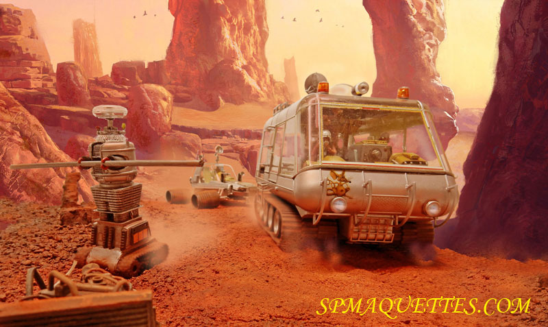 Diorama science-fiction d'un véhicule chenillé et d'un robot sur une planète désertique rouge
