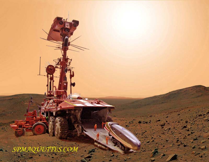 Transporteur martien rouge avec figurines d'astronautes descendant une rampe sur paysage désertique de Mars