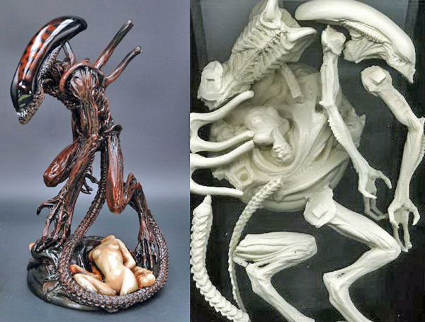 Figurine d'Alien peinte à côté des pièces brutes de la maquette non assemblée